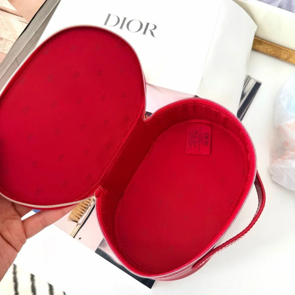 Dior Red Glossy Oval Zip Cosmetic Clutch‎ Bag Logo Pouch